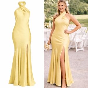 Birdy Grey Stephanie Lemon Sorbet Halter Maxi Bridesmaid Dress Satin Slit 2X